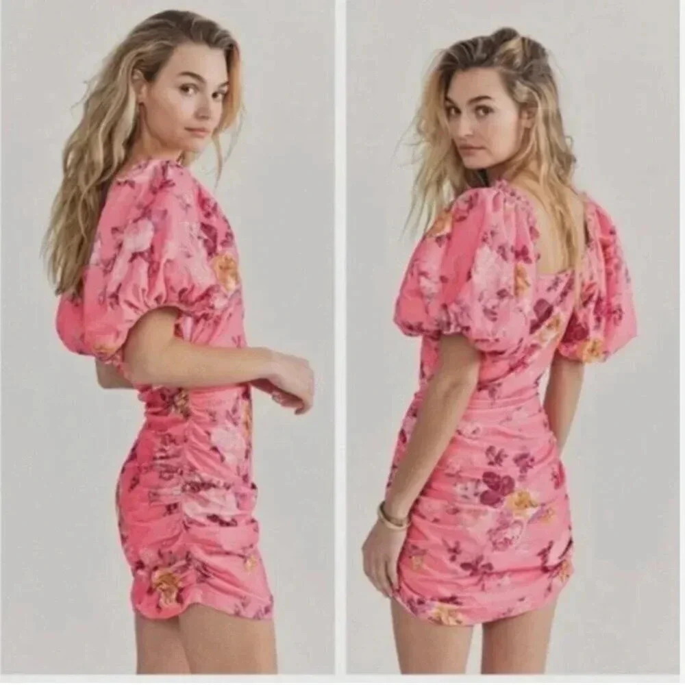 LoveShackFancy Minerva Dress Mini Corduroy Floral Puff Sleeve Ruched Pink Size 0